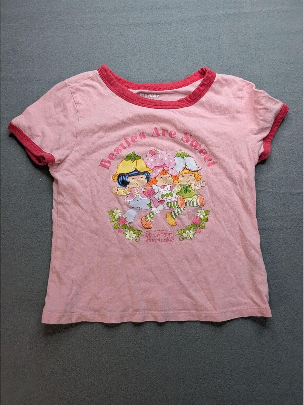Old Navy T-Shirt Girls 14-16 Pink Strawberry Shortcake Besties Ringer Graphic